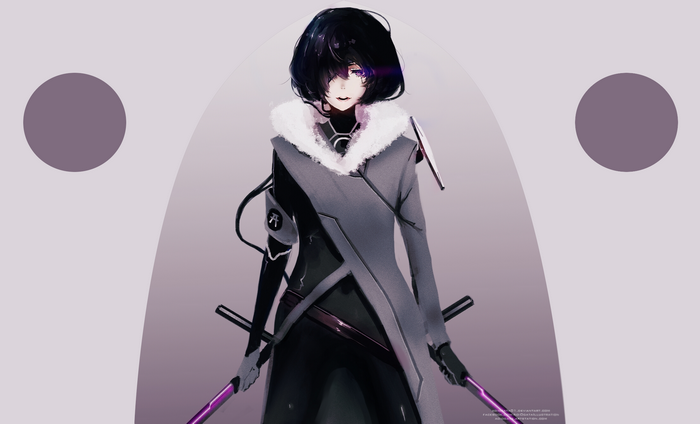 Anime girl with black hair and swords