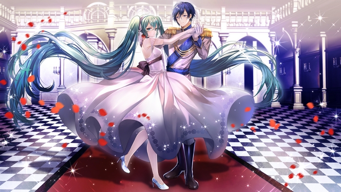 Hatsune Miku and Kaito dancing in a ballroom