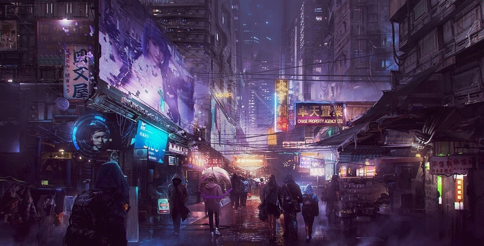 Cyberpunk Cityscape with Neon Signs and Pedestrians