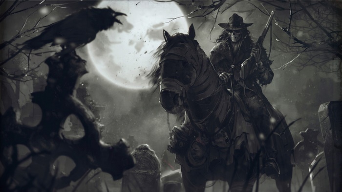 Skeleton Cowboy on Horse in Graveyard at Night