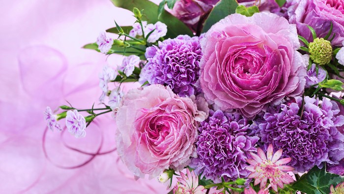 Pink and purple flowers with green leaves
