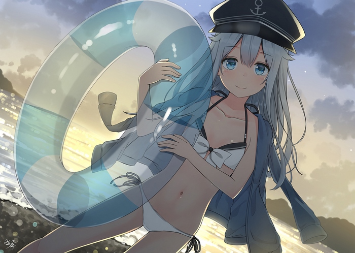 Hibiki from Kancolle wearing a bikini and captain's hat