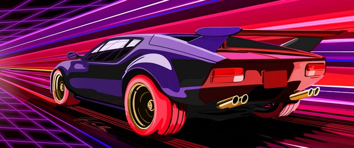 Futuristic DeLorean with Retro Wave Neon Lights
