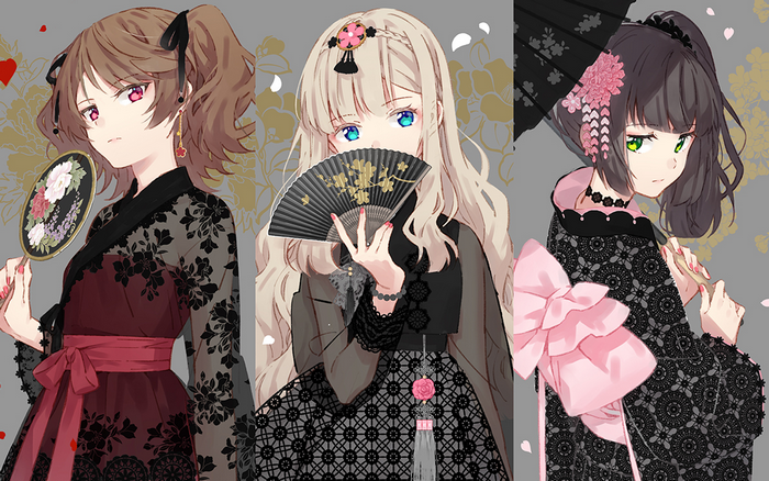 Three anime girls in kimonos with fans and umbrella