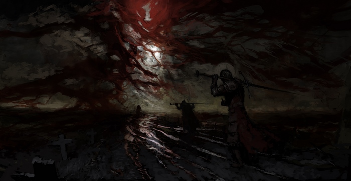 Dark fantasy landscape with knights and graves