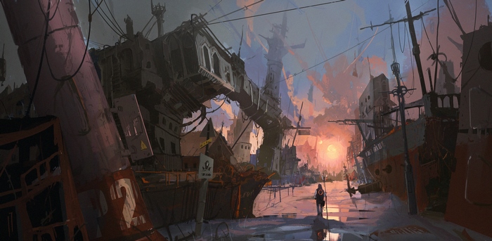Post-apocalyptic city with a lone figure