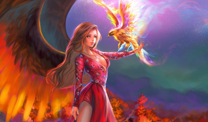 Woman with long hair and a phoenix