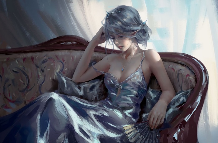 Elegant Elf Woman in Silver Dress Holding Fan