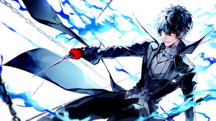 Joker from Persona 5 with blue flames