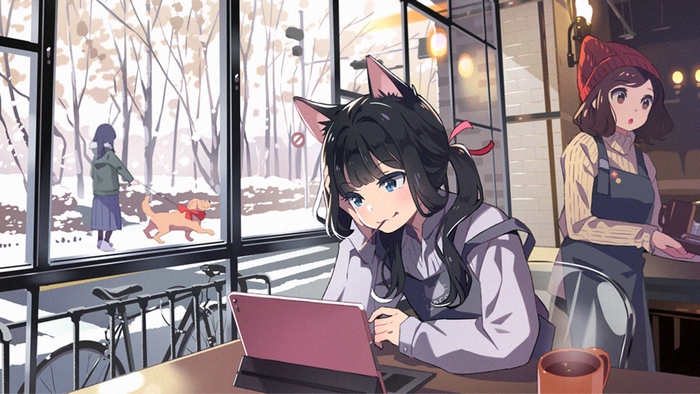 Anime girl with cat ears in cafe during winter