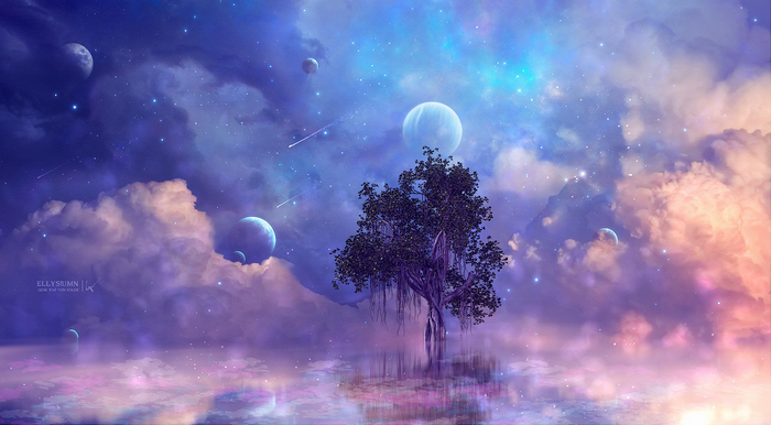 Mystical Tree Under a Starry Cosmic Sky