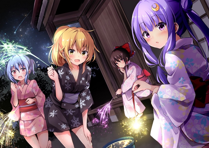 Reimu, Marisa, Patchouli, Remilia Enjoying Fireworks