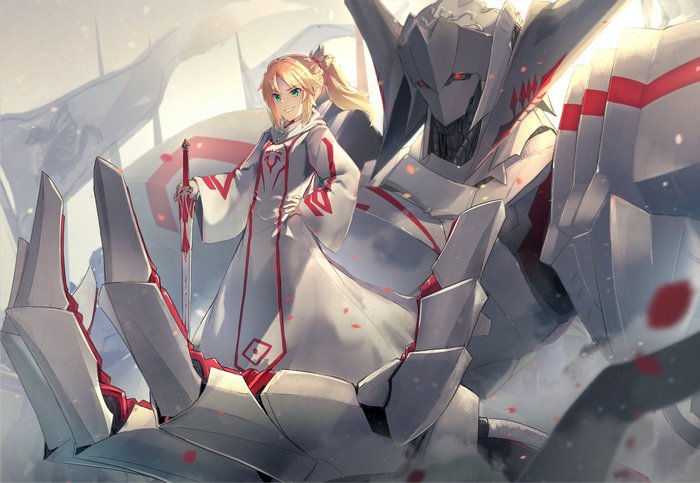 Mordred from Fate/Apocrypha with a giant robot