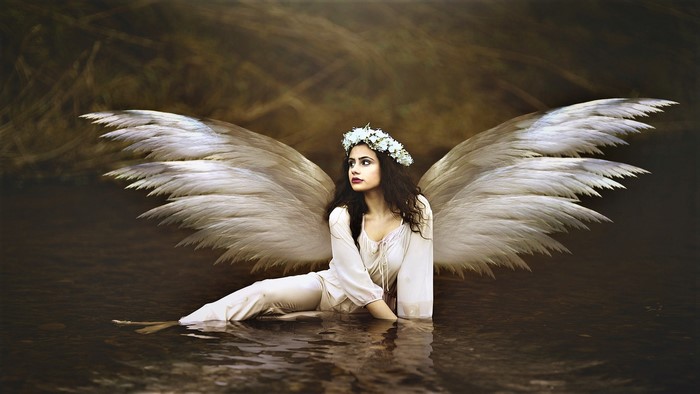 Woman with angel wings wearing a flower wreath in water
