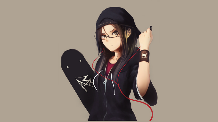 Anime girl with skateboard and earbuds