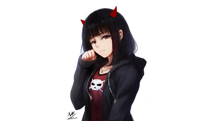 Anime Girl with Red Horns and Black Hair