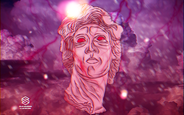 Pink Aesthetic Vaporwave Statue with Red Eyes