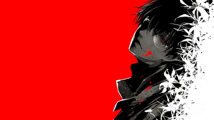 Ken Kaneki from Tokyo Ghoul with red eyes and flowers