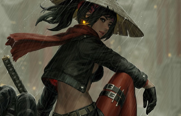 Woman warrior with samurai sword in the rain