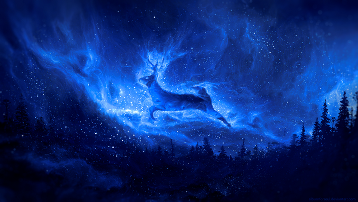 Spirit Deer in a Starry Blue Nebula Sky
