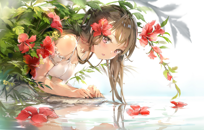 Anime girl with flowers in water