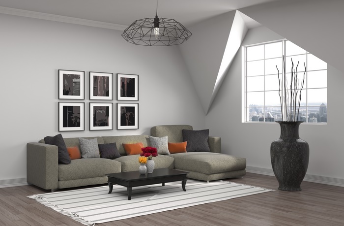 Modern living room with sectional sofa and large window