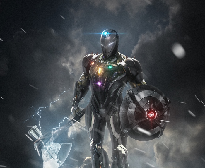 Iron Man with Infinity Stones and Mjolnir from Avengers 4