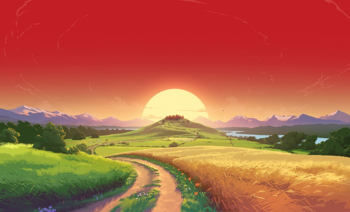 4K Landscape with Sun Setting over Mountains