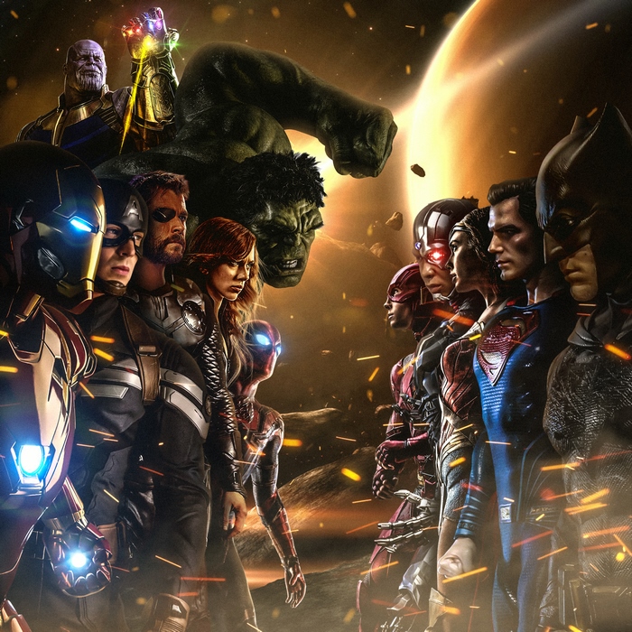 Marvel vs DC Super Heroes: Thanos, Hulk, Iron Man, Captain America, Thor, Black Widow, Spider-Man, Superman, Batman, Flash, Wonder Woman