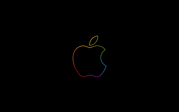 Apple logo with rainbow outline on black background
