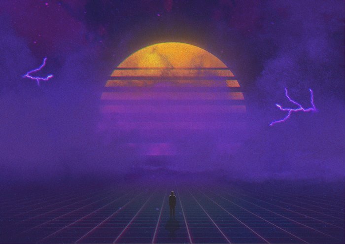 RetroWave Art with Sun and Lightning