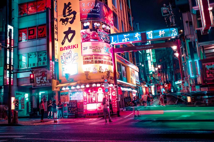 Neon Tokyo Street with Japanese Signs and People
