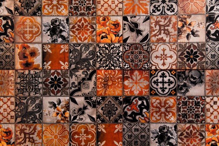 Pattern of colorful tiles with floral and abstract designs