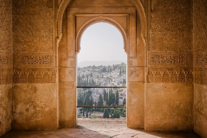 Alhambra arch overlooking Granada, Spain