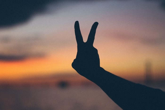 Silhouette of Hand Making Peace Sign at Sunset