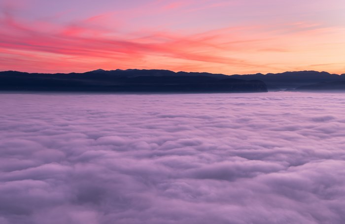 Above the clouds at sunrise with pink and purple sky