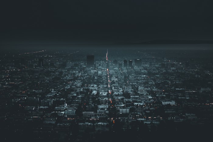Nighttime aerial view of Los Angeles cityscape