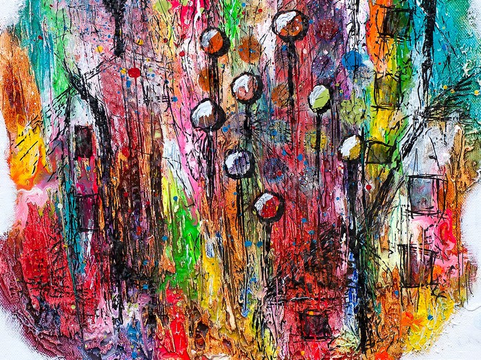 Abstract painting with colorful textures and shapes