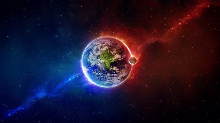 Earth and Moon in Space with Nebulae