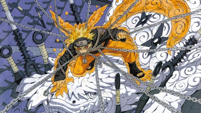 Naruto Uzumaki bound by chains with Nine-Tails chakra