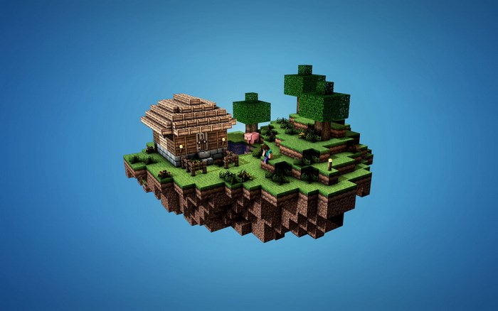 Floating Minecraft Island with House and Trees