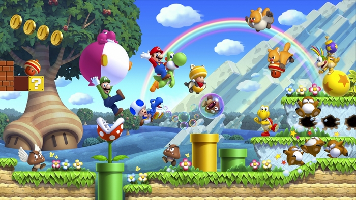 Colorful Mario Adventure with Rainbow and Characters