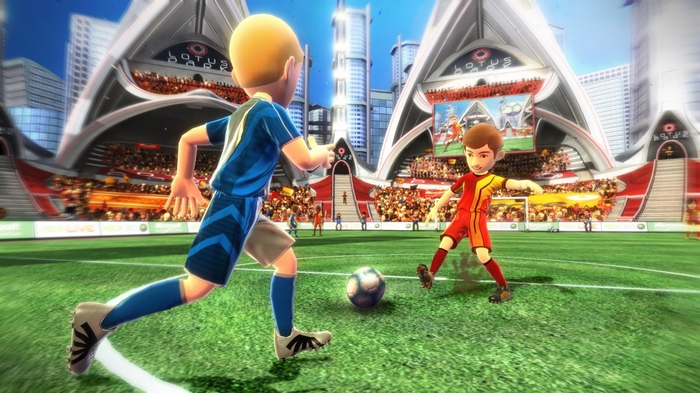 Soccer players in a futuristic stadium