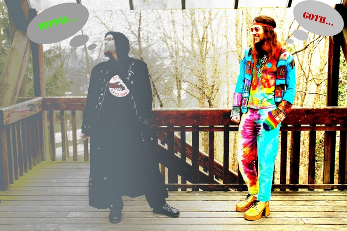 Two people in different subcultures on a wooden deck