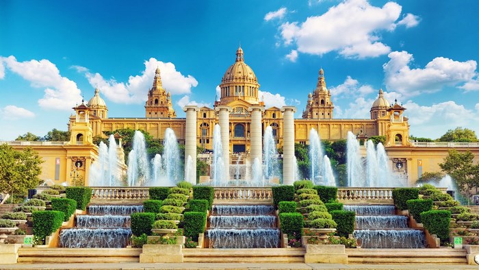 Palau Nacional building with fountains in Barcelona