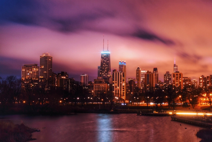 Chicago skyline at dusk with lake