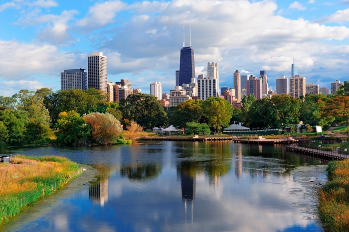 Chicago Skyline with Park and Lake