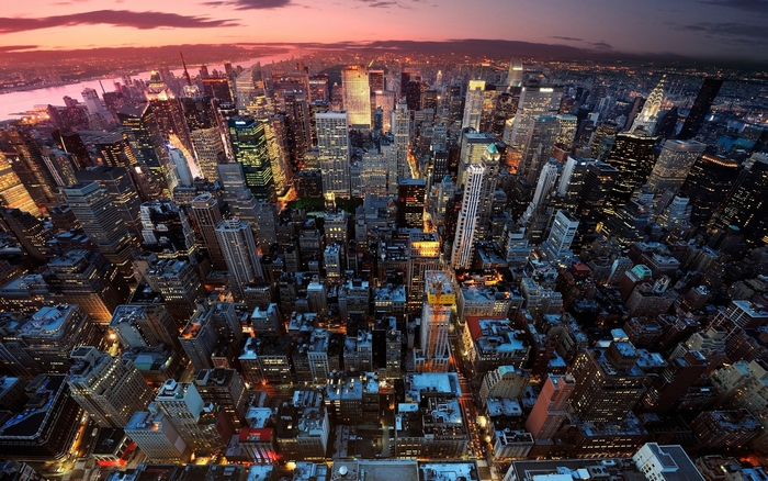 Aerial view of New York City skyline at dusk