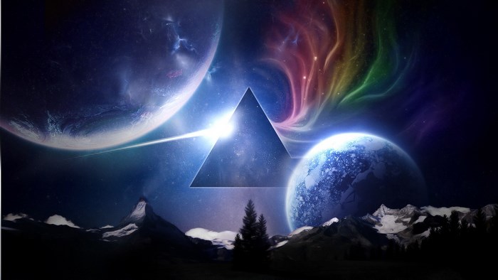 Cosmic Scene with Planets and Triangular Portal