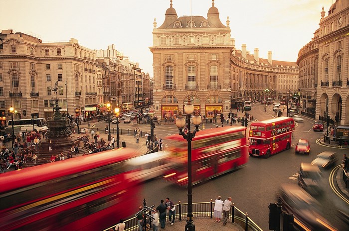 Piccadilly Circus London with Red Double-Decker Buses